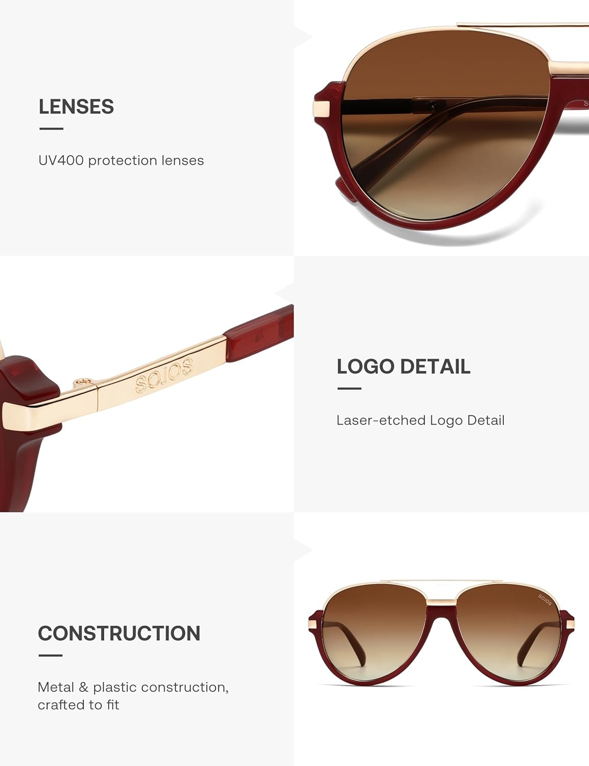 image:imageSOJOS Retro Oversized Polarized Aviator Sunglasses for Women Men Trendy Vintage Square Sun Glasses SJ2681RedBrown Grading