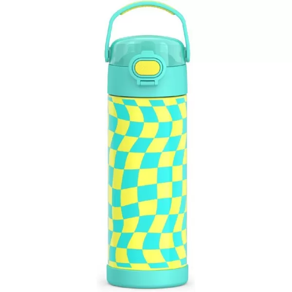 THERMOS FUNTAINER 16 Ounce Stainless Steel Vacuum Insulated Bottle with Wide Spout Lid Graffiti BoyWavy Checkers Teal