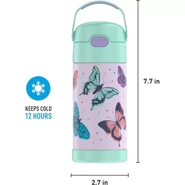 THERMOS FUNTAINER 12 Ounce Stainless Steel Vacuum Insulated Kids Straw Bottle LimeButterfly Frenzy 12 Ounce Decorated