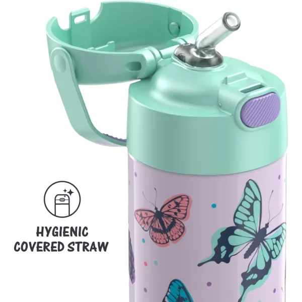 THERMOS FUNTAINER 12 Ounce Stainless Steel Vacuum Insulated Kids Straw Bottle LimeButterfly Frenzy 12 Ounce Decorated