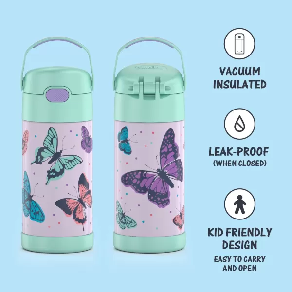 THERMOS FUNTAINER 12 Ounce Stainless Steel Vacuum Insulated Kids Straw Bottle LimeButterfly Frenzy 12 Ounce Decorated