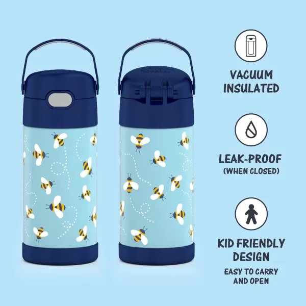 THERMOS FUNTAINER 12 Ounce Stainless Steel Vacuum Insulated Kids Straw Bottle LimeHoney Bees 12 Ounce Decorated