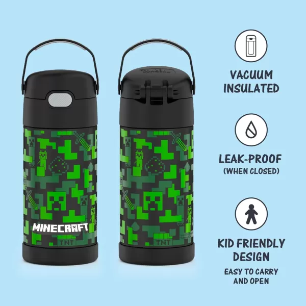 THERMOS FUNTAINER 12 Ounce Stainless Steel Vacuum Insulated Kids Straw Bottle LimeMinecraft 12 Ounce Licensed Characters