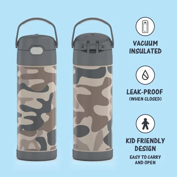 THERMOS FUNTAINER 16 Ounce Stainless Steel Vacuum Insulated Bottle with Wide Spout Lid Looney TunesCamo Bottle