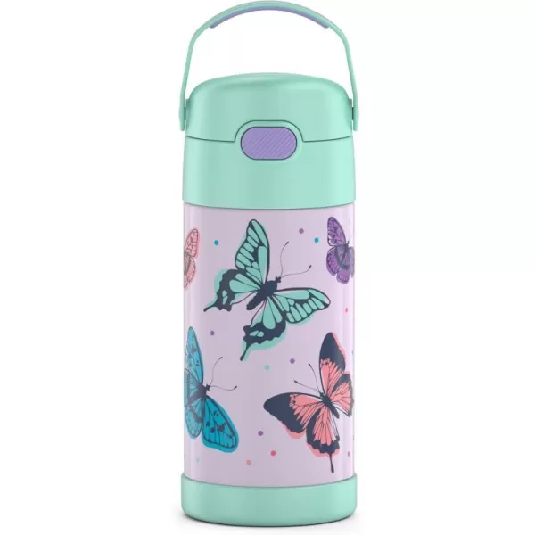 THERMOS FUNTAINER 12 Ounce Stainless Steel Vacuum Insulated Kids Straw Bottle LimeButterfly Frenzy 12 Ounce Decorated