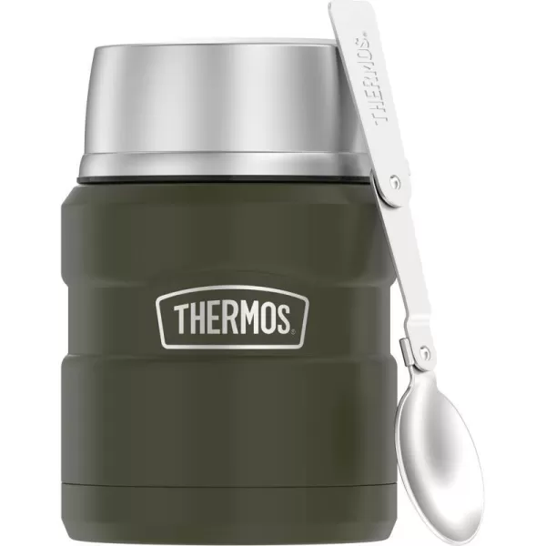 THERMOS Stainless King VacuumInsulated Food Jar with Spoon 16 Ounce Matte SteelArmy Green Jar