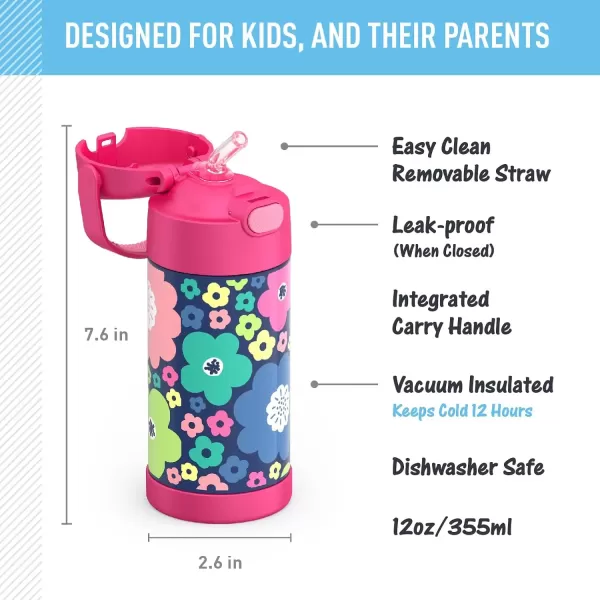 imageTHERMOS FUNTAINER Water Bottle with Straw  12 Ounce Pink Glitter  Kids Stainless Steel Vacuum Insulated Water Bottle with LidMod Flowers