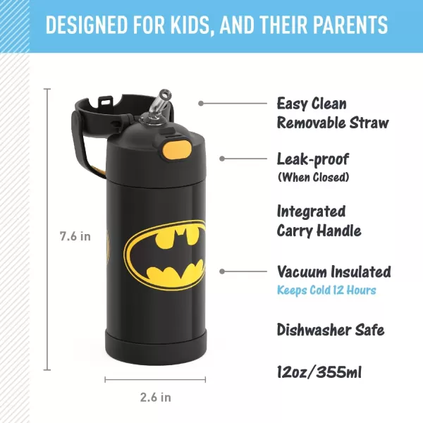 imageTHERMOS FUNTAINER Water Bottle with Straw  12 Ounce Super Mario Brothers  Kids Stainless Steel Vacuum Insulated Water Bottle with LidStyle May VaryBatman