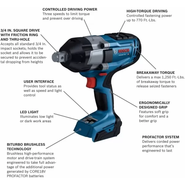 BOSCH GDS18V-770CN PROFACTOR™ 18V Connected-Ready 3/4 In. Impact Wrench with Friction Ring and Thru-Hole 