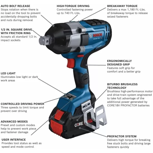 BOSCH GDS18V-770CN PROFACTOR™ 18V Connected-Ready 3/4 In. Impact Wrench with Friction Ring and Thru-Hole 