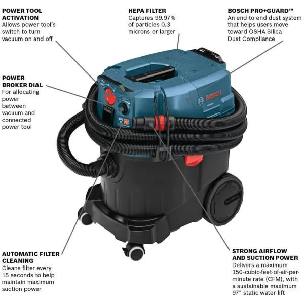 BOSCH 9 Gallon Dust Extractor with Auto Filter Clean and HEPA Filter VAC090AH VAC011 Vacuum Cleaner Wand Kit, Black