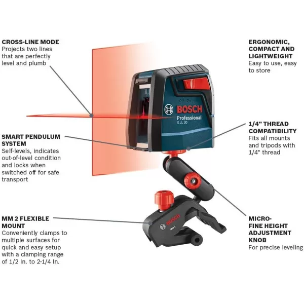 BOSCH GLL50-20 Cross Line Laser, Self Leveling, 50ft Range and Magnetic Laser Mount