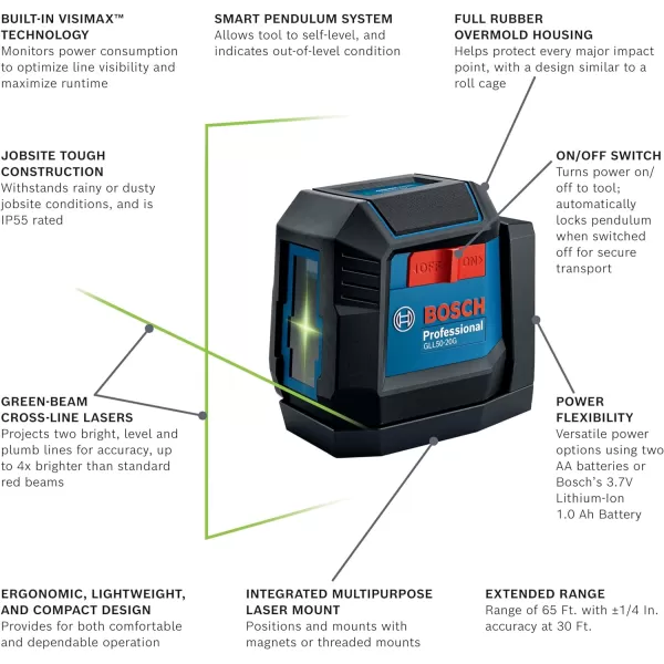 BOSCH GLL50-20GL 65ft Green-Beam Cross-Line Laser with VisiMax Technology, Rechargable Lithium-Ion Battery, Self-Leveling, with Magnetic Mount
