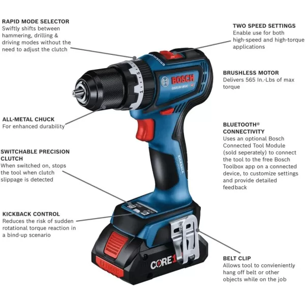 BOSCH GSB18V-800CB24 1/2 In. Brushless Connected-Ready Hammer Drill/Driver Kit with  CORE18V® 4 Ah Advanced Power Battery 18V 4 Ah Battery)