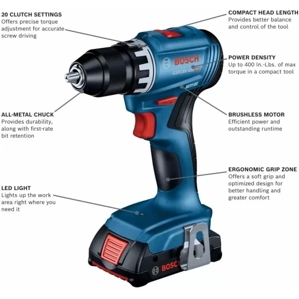 BOSCH GSR18V-400B12 18V Compact Brushless 1/2 In. Drill/Driver Kit with  2.0 Ah SlimPack Battery 2.0 Ah Battery)