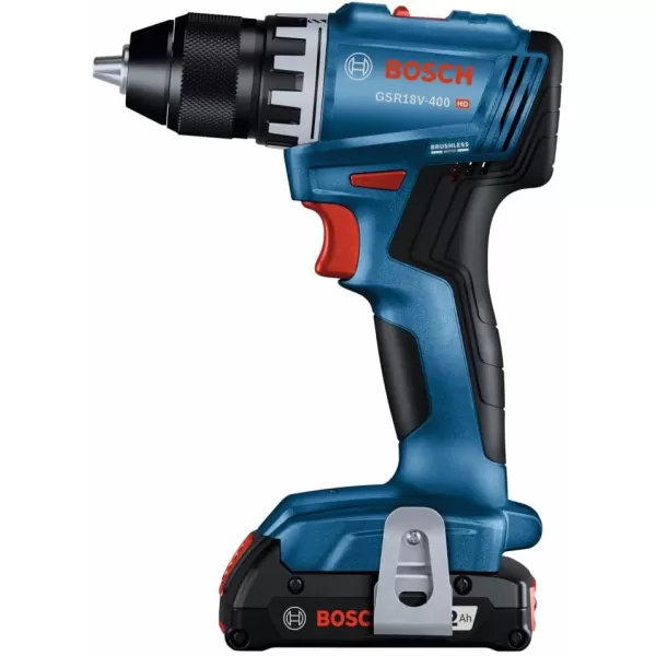 BOSCH GSR18V-400B12 18V Compact Brushless 1/2 In. Drill/Driver Kit with  2.0 Ah SlimPack Battery 2.0 Ah Battery)