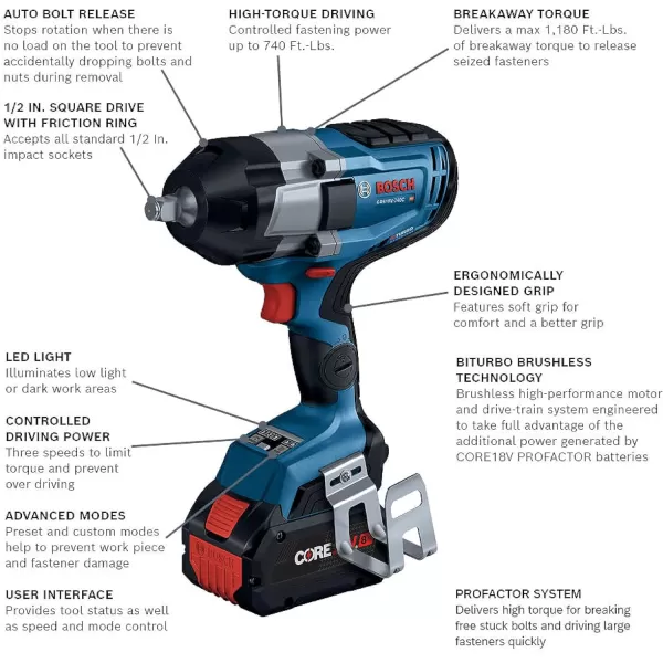 Bosch GDS18V-740CB14-RT 18V PROFACTOR Brushless Lithium-Ion 1/2 in. Cordless Connected-Ready Impact Wrench Kit with Friction Ring  