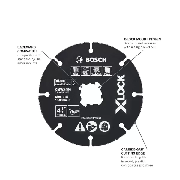 BOSCH CMWX500 5 In. X-LOCK Carbide Multi-Wheel Compatible with 7/8 In. Arbor for Applications in Cutting Wood, Wood with Nails, Plastic, Plaster