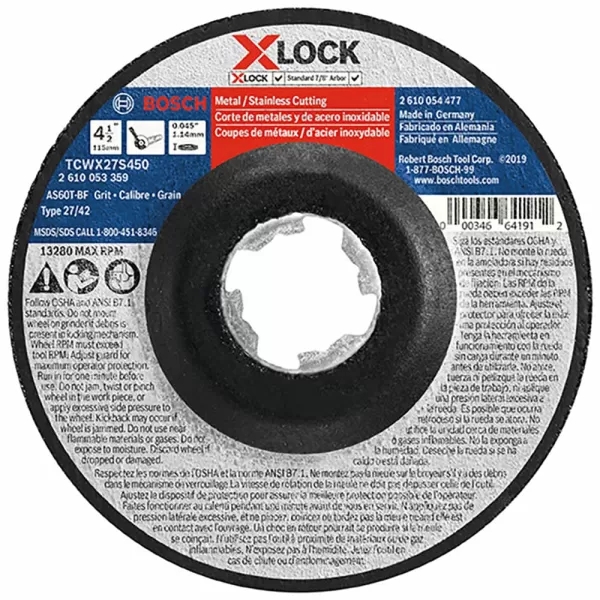 BOSCH CWX27M450 4-1/2 In. x .098 In. X-LOCK Metal Cutting Abrasive Wheel 30 Grit Compatible with 7/8 In. Arbor Type 27A  for Applications in Metal Cutting