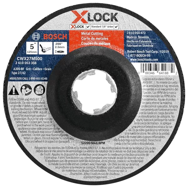 BOSCH CWX27M450 4-1/2 In. x .098 In. X-LOCK Metal Cutting Abrasive Wheel 30 Grit Compatible with 7/8 In. Arbor Type 27A  for Applications in Metal Cutting
