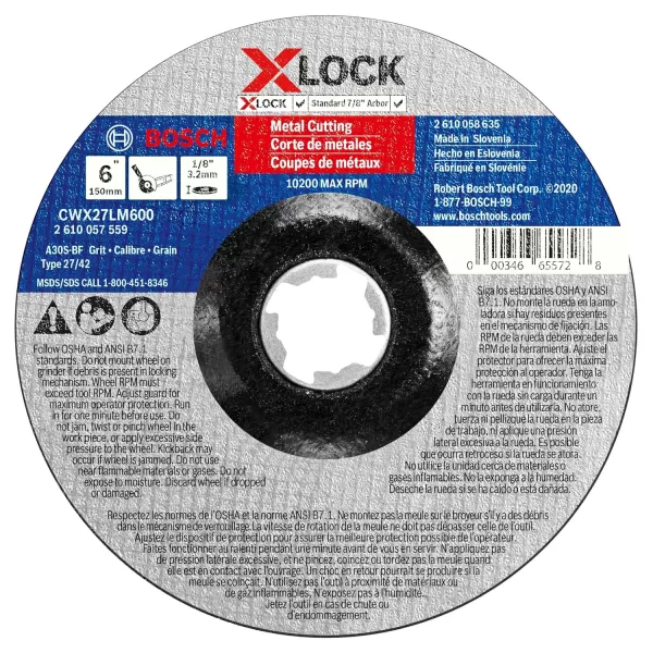 BOSCH CWX27M450 4-1/2 In. x .098 In. X-LOCK Metal Cutting Abrasive Wheel 30 Grit Compatible with 7/8 In. Arbor Type 27A  for Applications in Metal Cutting