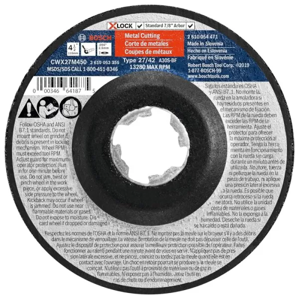 BOSCH CWX27M450 4-1/2 In. x .098 In. X-LOCK Metal Cutting Abrasive Wheel 30 Grit Compatible with 7/8 In. Arbor Type 27A  for Applications in Metal Cutting