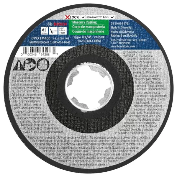 BOSCH CWX27M450 4-1/2 In. x .098 In. X-LOCK Metal Cutting Abrasive Wheel 30 Grit Compatible with 7/8 In. Arbor Type 27A  for Applications in Metal Cutting