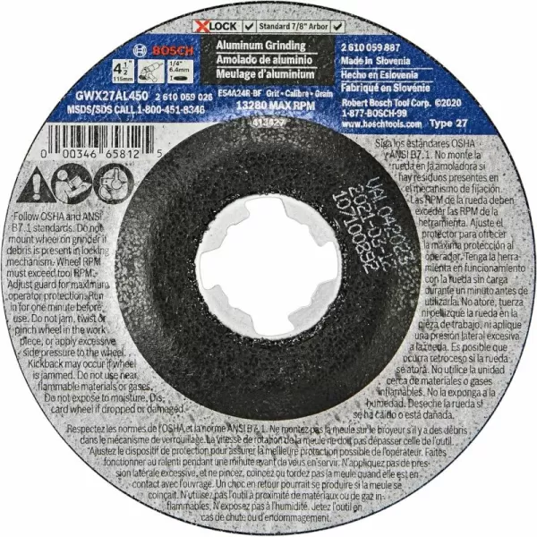 BOSCH GWX27AL600 6 In. x 1/4 In. X-LOCK Metal Grinding Abrasive Wheel 24 Grit Compatible with 7/8 In. Arbor Type 27 for Applications in Aluminum Grinding