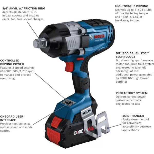 BOSCH GDS18V-1180CN PROFACTOR™ 18V Connected-Ready 3/4 In. Impact Wrench with Friction Ring and Thru-Hole  18V 8 Ah Batteries)