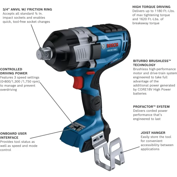 BOSCH GDS18V-1180CN PROFACTOR™ 18V Connected-Ready 3/4 In. Impact Wrench with Friction Ring and Thru-Hole 