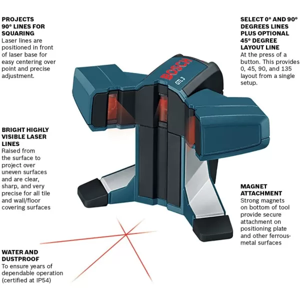 BOSCH GTL3 65 Ft Wall &amp; Floor Covering Laser, Includes 4 AA Batteries, Versatile Steel Positioning Plate, Laser Target, &amp; Pouch