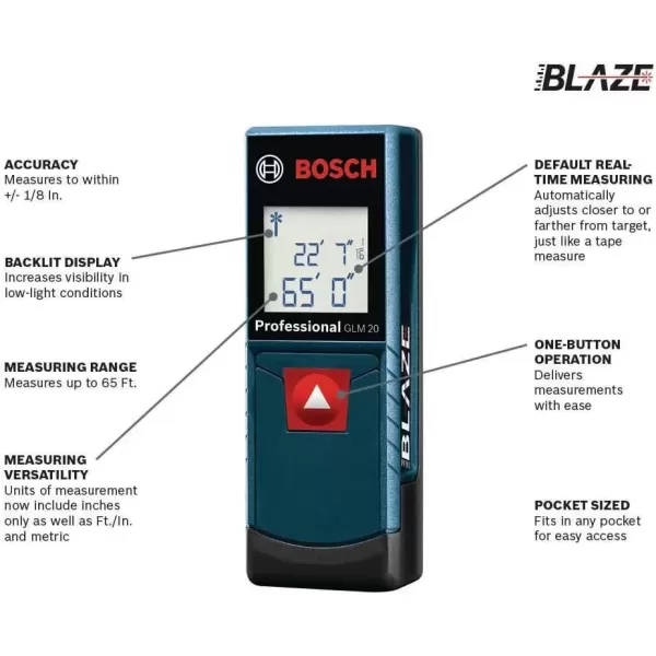 imageBOSCH GLM10023 100 Ft Blaze Laser Distance Measure Includes 2 AA Batteries65 FT
