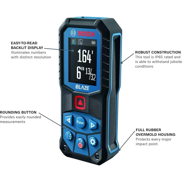 imageBOSCH GLM16522 165 Ft Blaze Laser Distance Measure Includes 2 AA Batteries Belt Clip ampamp PouchRed Laser