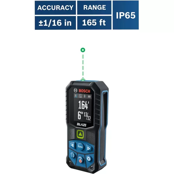 imageBOSCH GLM16527CGL 165 Ft Blaze GreenBeam Laser Distance Measure with 37V LithiumIon 10 Ah Battery Includes 10 Ah 37V LithiumIon Battery Belt Clip ampamp Pouch