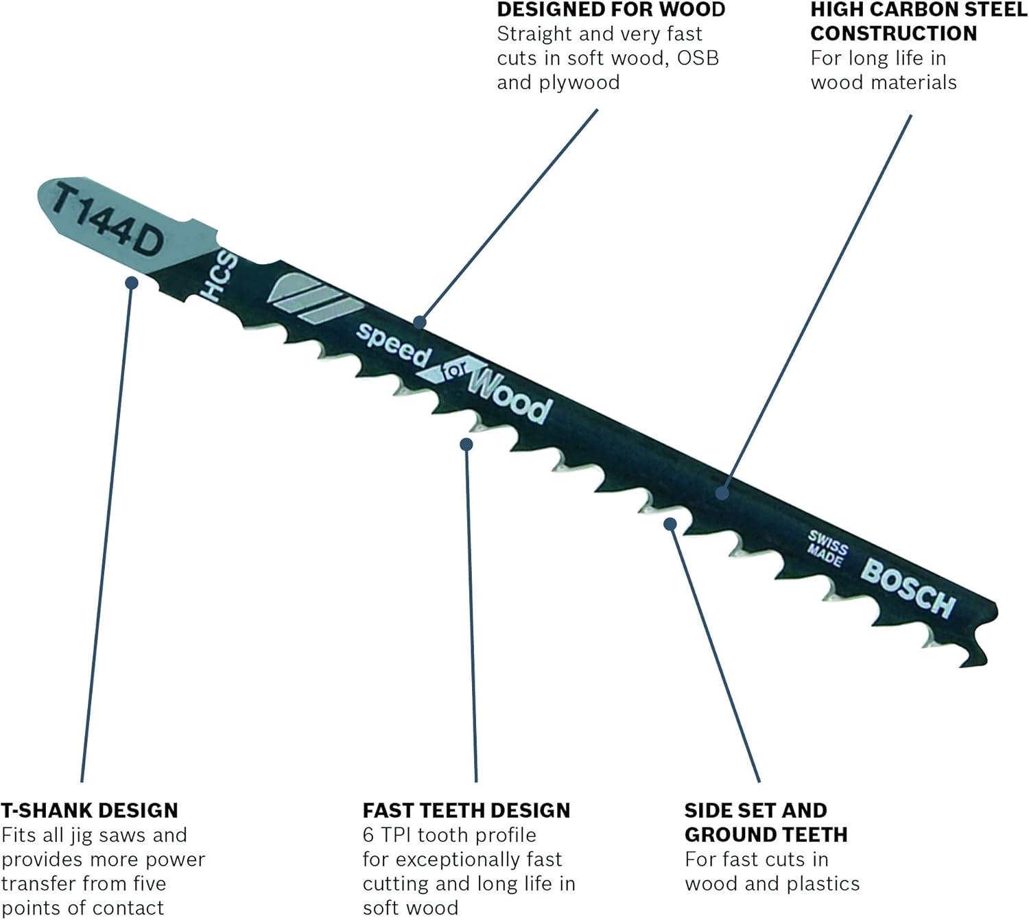 imageBOSCH T144D 5Piece 4 In6 TPI Speed for Wood TShank Jig Saw Blades