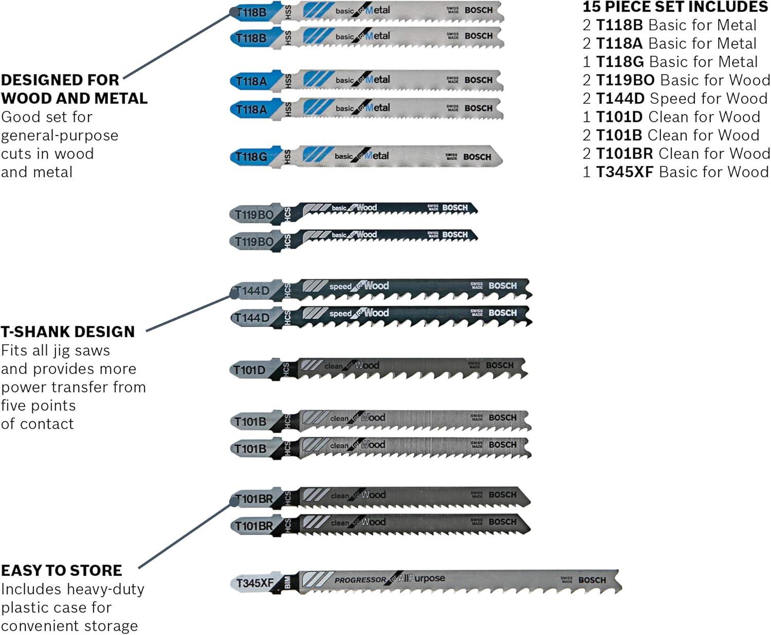 imageBOSCH T15RC 14Piece TShank Wood and Metal Cutting Jig Saw Blade Set
