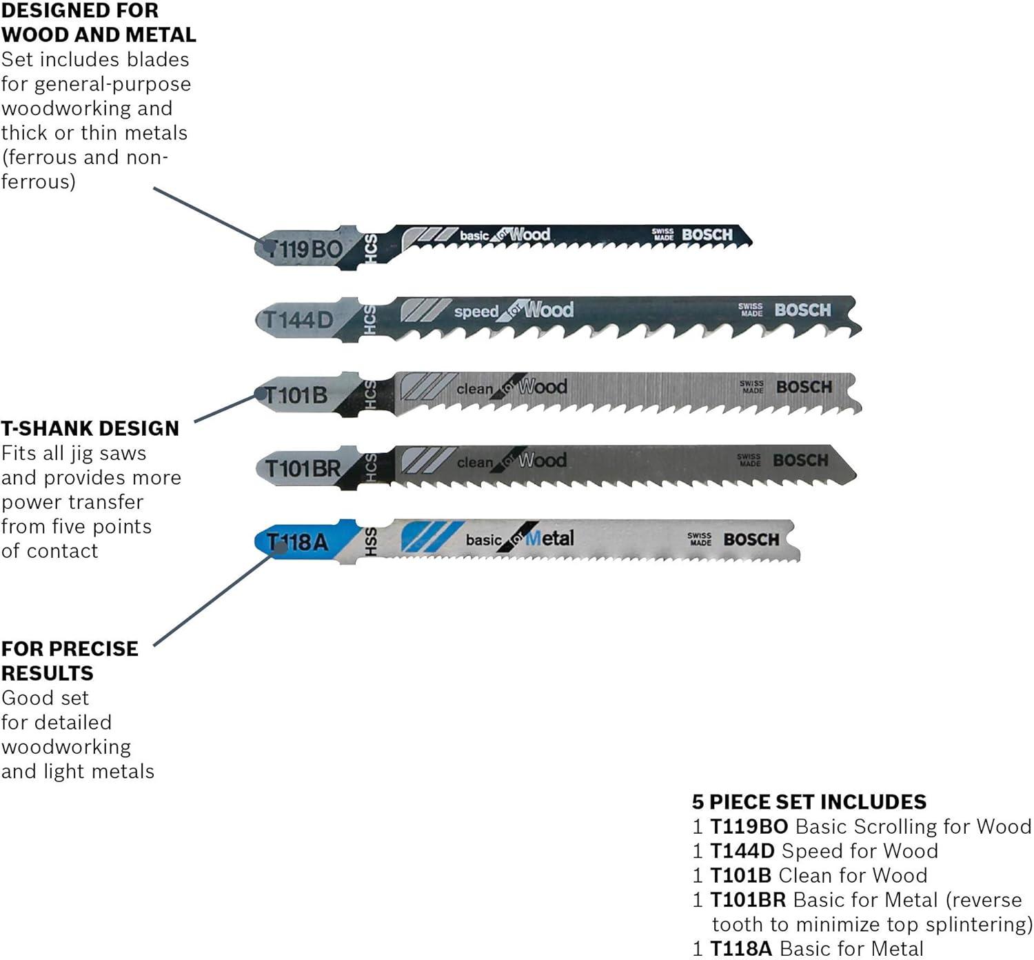 imageBosch TShank Jig Saw Blade Set T501 5 Pieces 314  4 624 TPI For Wood And Metal