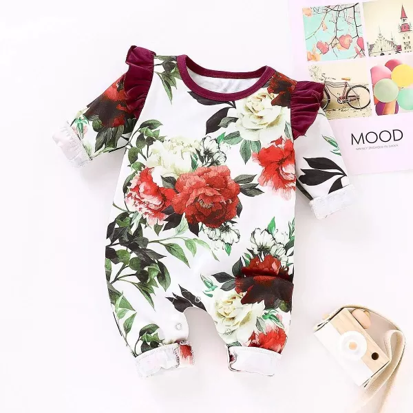 Newborn Infant Baby Girls Romper Jumpsuit Floral Long Sleeves Bodysuit Outfits for Babies 6-12 Months Wine Red