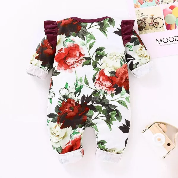 Newborn Infant Baby Girls Romper Jumpsuit Floral Long Sleeves Bodysuit Outfits for Babies 6-12 Months Wine Red