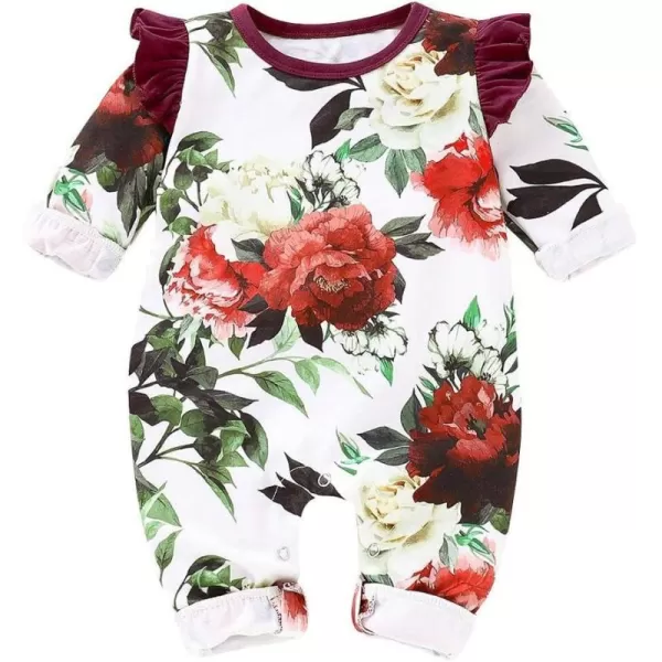 Newborn Infant Baby Girls Romper Jumpsuit Floral Long Sleeves Bodysuit Outfits for Babies 6-12 Months Wine Red