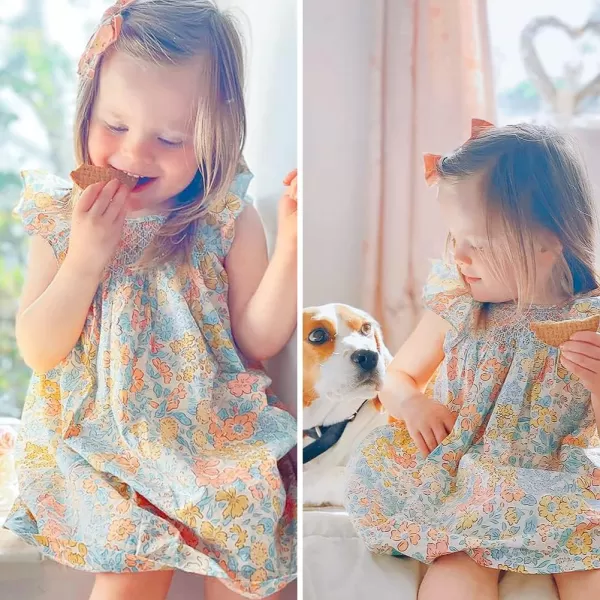 Simplee kids Baby Girls Casual Dress Toddler Smocking Dress Floral Print Sundress for Spring Summer 1-6 Years