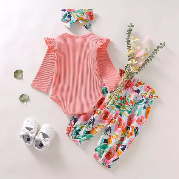 Simplee kids Infant Newborn&nbsp;Baby Girl Clothing Sets Long Ruffle&nbsp;Sleeve Cotton Bodysuit Floral Pant Outfits for Fall 3-6 Months
