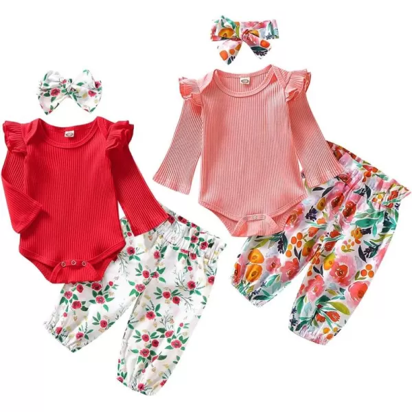 Simplee kids Infant Newborn&nbsp;Baby Girl Clothing Sets Long Ruffle&nbsp;Sleeve Cotton Bodysuit Floral Pant Outfits for Fall 3-6 Months