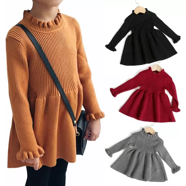 Simplee kids Little Girls' Long Sleeve Girl Dresses and Rompers Ribbed Knit Sweater Dress Black for 6M-5T