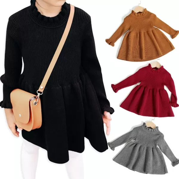 Simplee kids Little Girls' Long Sleeve Girl Dresses and Rompers Ribbed Knit Sweater Dress Black for 6M-5T