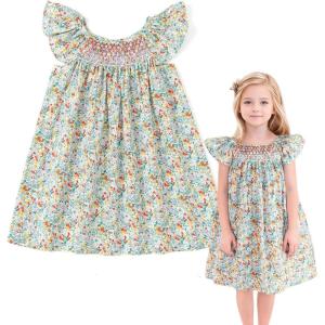 imageSimplee kids Baby Girls Casual Dress Toddler Smocking Dress Floral Print Sundress for Spring Summer 16 YearsAfloral Green