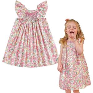 imageSimplee kids Baby Girls Casual Dress Toddler Smocking Dress Floral Print Sundress for Spring Summer 16 YearsApink