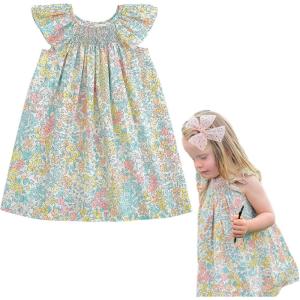 imageSimplee kids Baby Girls Casual Dress Toddler Smocking Dress Floral Print Sundress for Spring Summer 16 YearsApink Blue