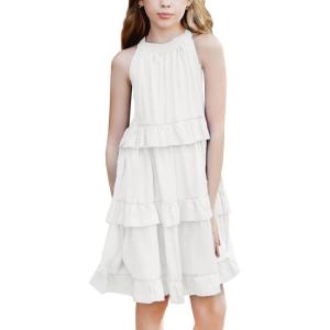 imageSimplee kids Girls Sleeveless Casual Summer Dresses Cotton Solid Color A line Toddler Dresses 67 Years White