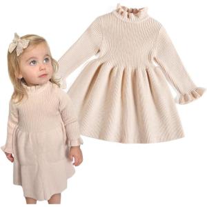 imageSimplee kids Little Girls Long Sleeve Girl Dresses and Rompers Ribbed Knit Sweater Dress Black for 6M5TBpink Apricot